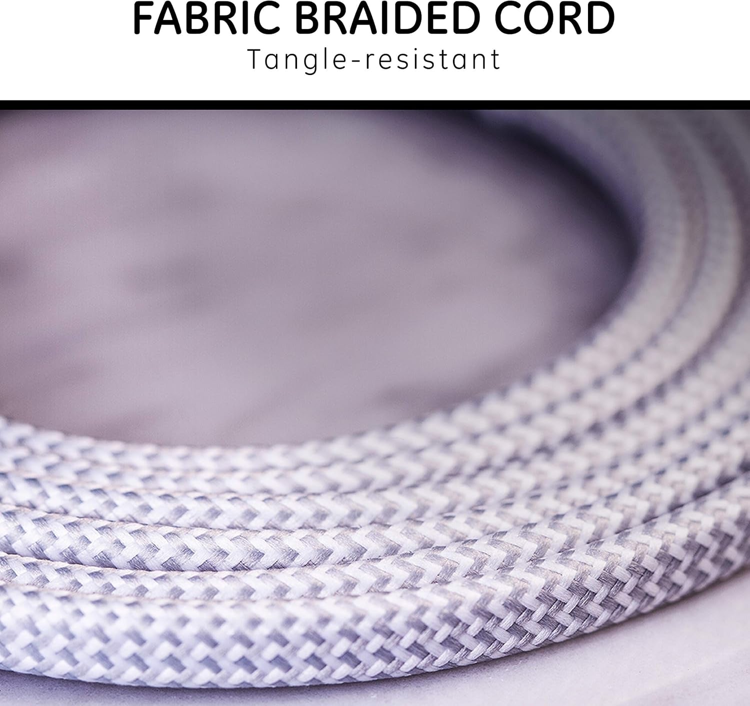 6 Ft Designer Braided Extension Cord, 3 Outlets Power Strip, 2 Prong Outlets, Flat Plug, Tangle-Free Power Cord, Perfect for Home, Office or Kitchen, UL Listed, Gray & White, 42383