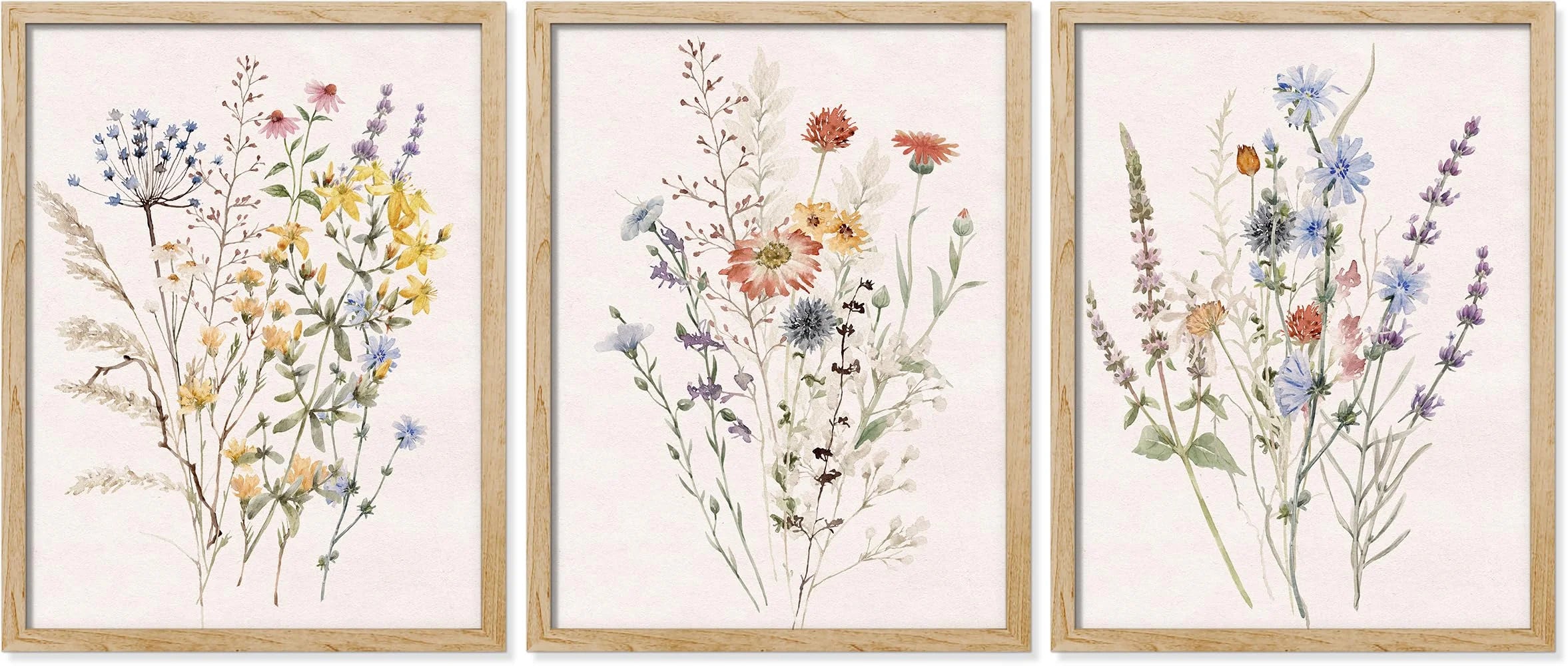 Adhesive Canvas Print Wall Art Set - Multicolor Wildflowers Poster Art - Set of 3 Watercolor Nature Wilderness Floral Botanical Vintage Wall Décor for Living Room - 12"X16"