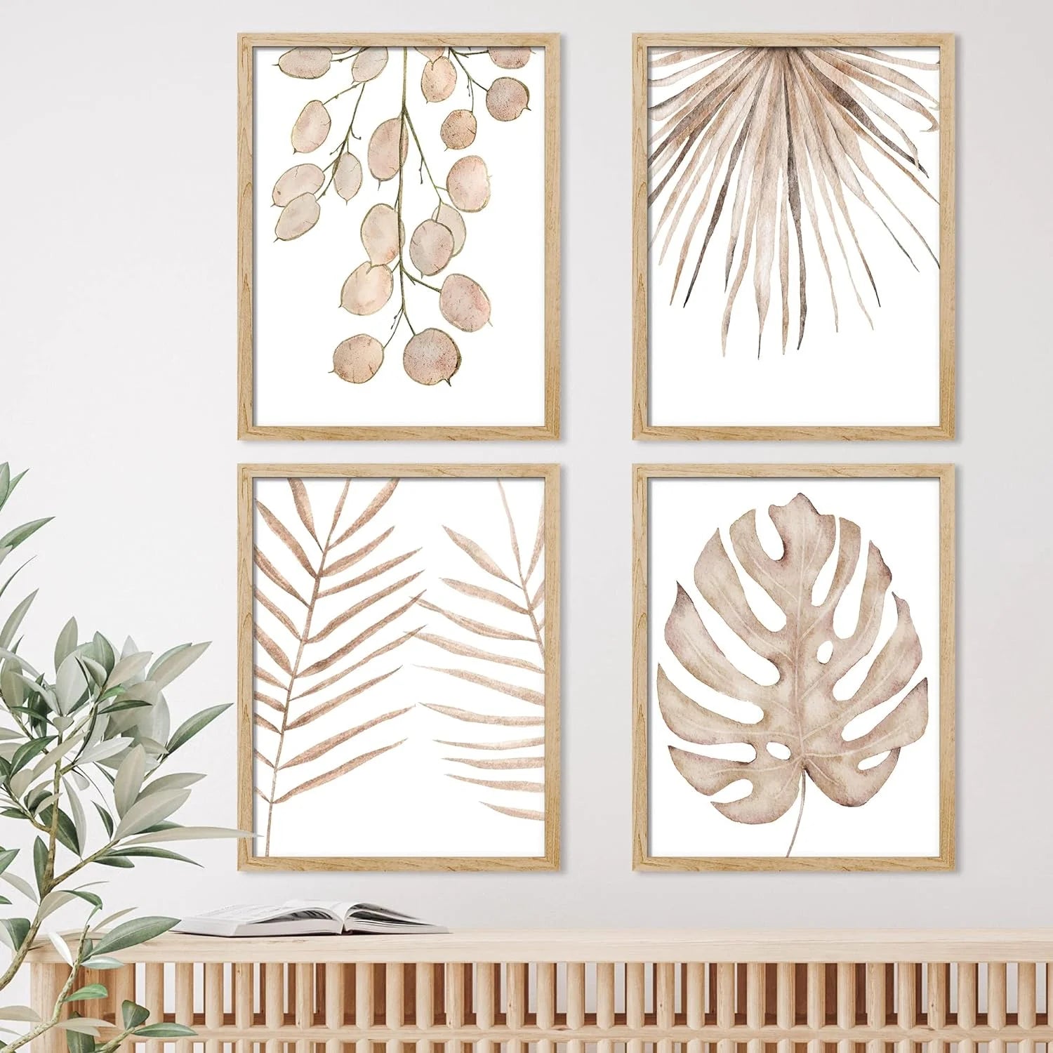 Adhesive Canvas Poster Pastel Autumn Brown Island Leaf Framed Wall Art Nature Wilderness Digital Modern Art Decorative Elements Multicolor Botanical Floral Prints Set - 12"X16" Natural