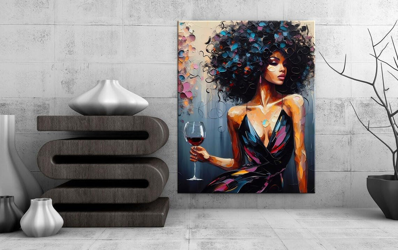 the Red Wine Girl Wall Art Black Girl Living Room Decor Black Art Paintings for Wall Black Women Unframed Canvas Wall Art Black Girl Magic Home Decor Modern Home Decoration