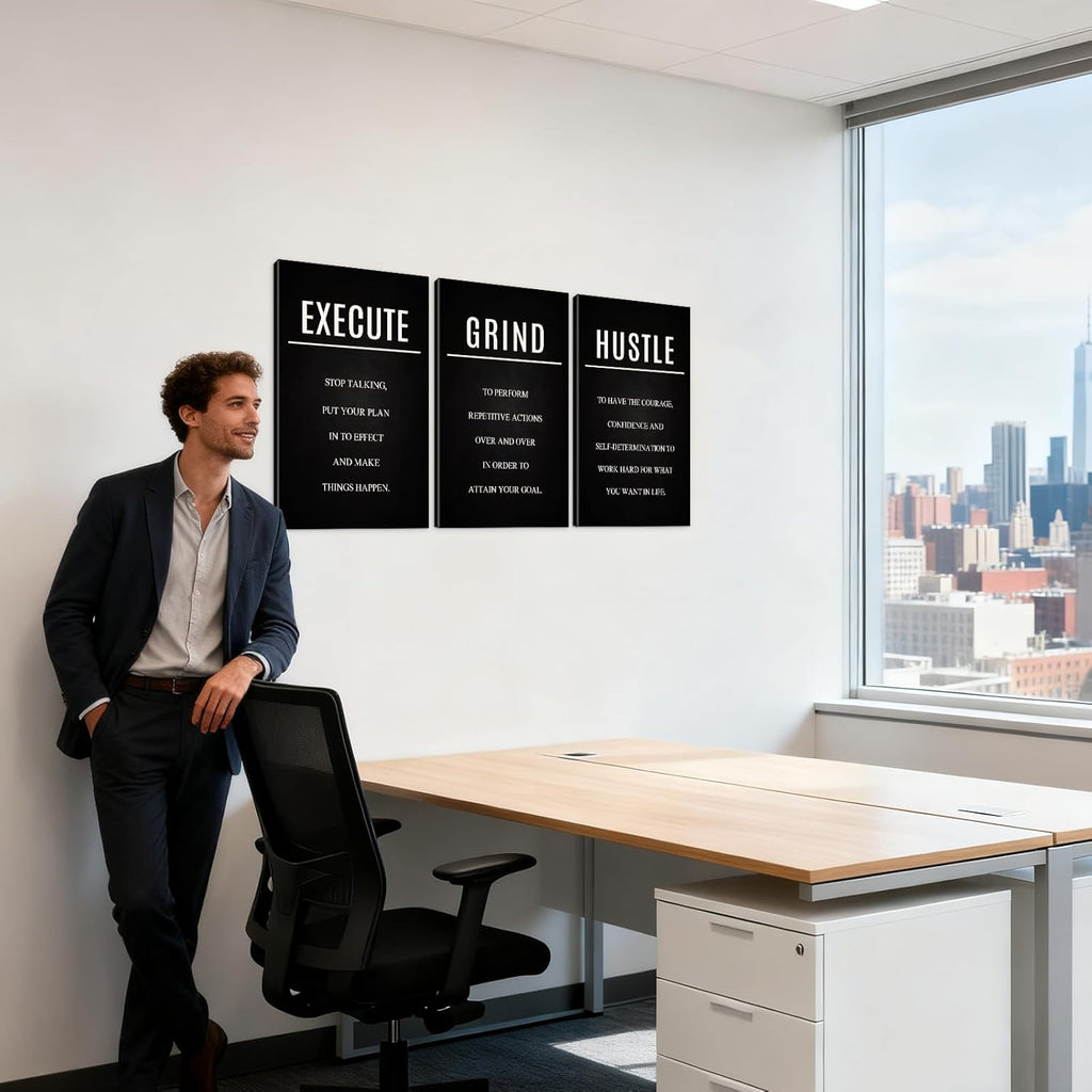 Hustle Grind Execute Wall Art Set - 3 Pieces 16"X24" Motivational Canvas Wall Art with Wooden Frame, Inspirational Quotes Decor for Office & Home Motivational Posters, Office & Gym Decor