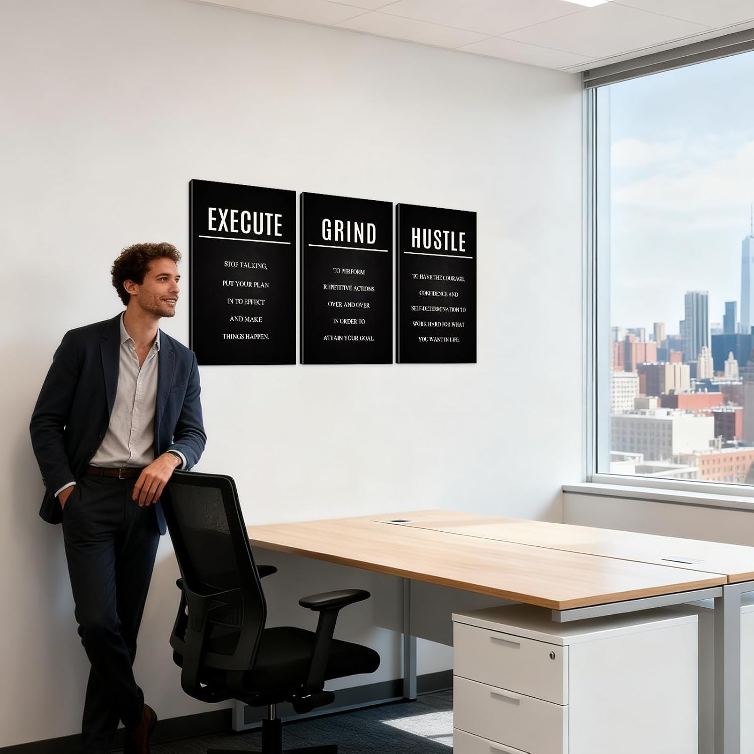 Hustle Grind Execute Wall Art Set - 3 Pieces 16"X24" Motivational Canvas Wall Art with Wooden Frame, Inspirational Quotes Decor for Office & Home Motivational Posters, Office & Gym Decor