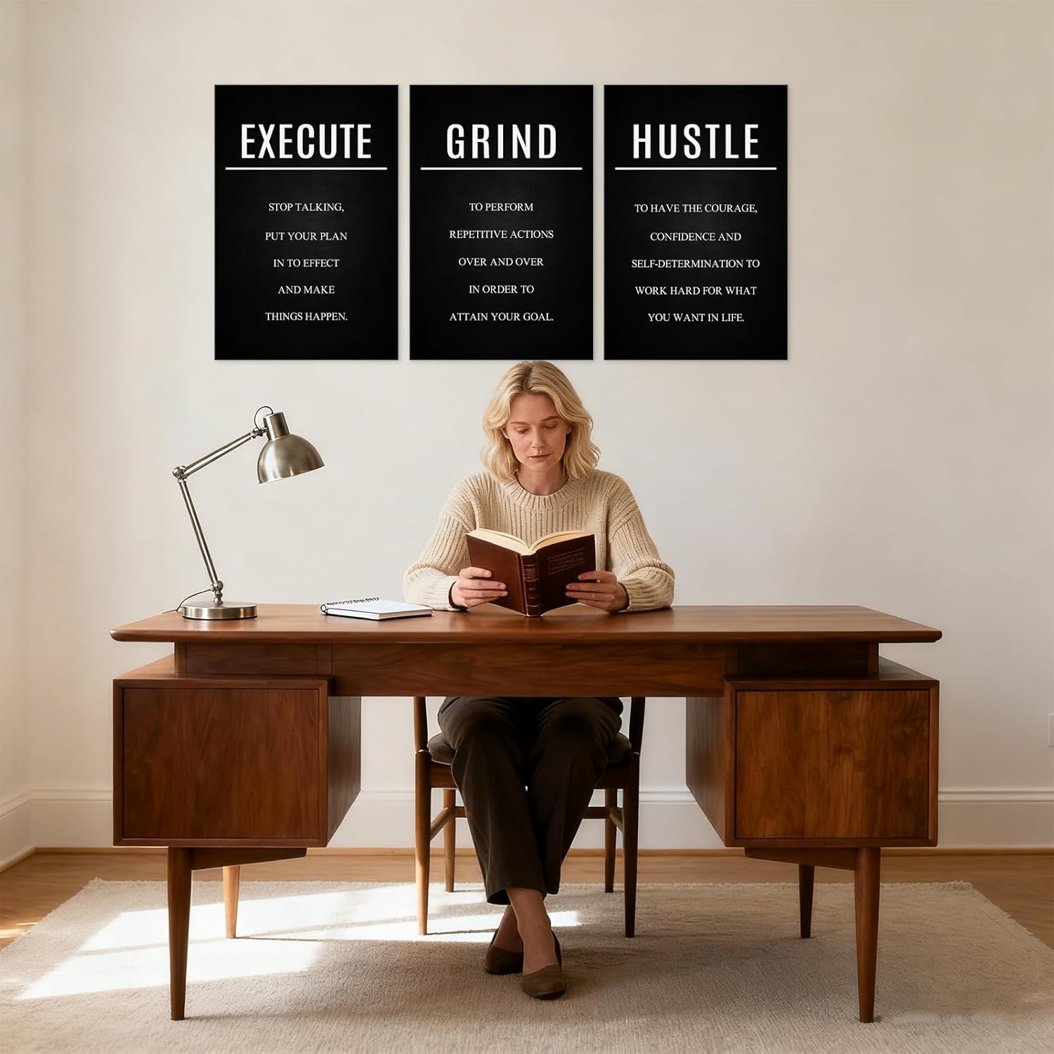 Hustle Grind Execute Wall Art Set - 3 Pieces 16"X24" Motivational Canvas Wall Art with Wooden Frame, Inspirational Quotes Decor for Office & Home Motivational Posters, Office & Gym Decor