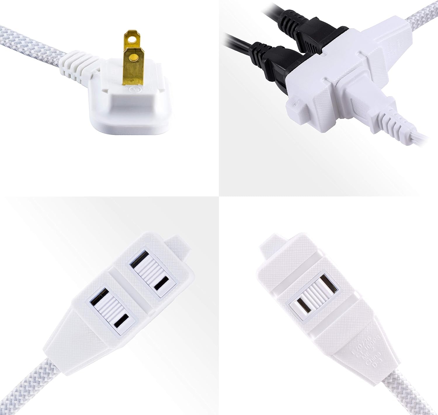 6 Ft Designer Braided Extension Cord, 3 Outlets Power Strip, 2 Prong Outlets, Flat Plug, Tangle-Free Power Cord, Perfect for Home, Office or Kitchen, UL Listed, Gray & White, 42383