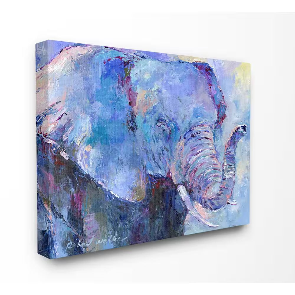 24 In. X 30 In."Brightly Colored Blue and Purple Painted Elephant Portrait" by Artist Richard Wallich Canvas Wall Art