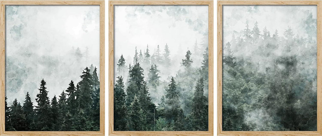 Framed Canvas Print Wall Art Set - Foggy Pine Tree Forest Misty Mountain Art - Set of 3 Nature Wilderness Landscape Artwork Illustrations Wall Décor - 12"X16"X3 Panels Natural