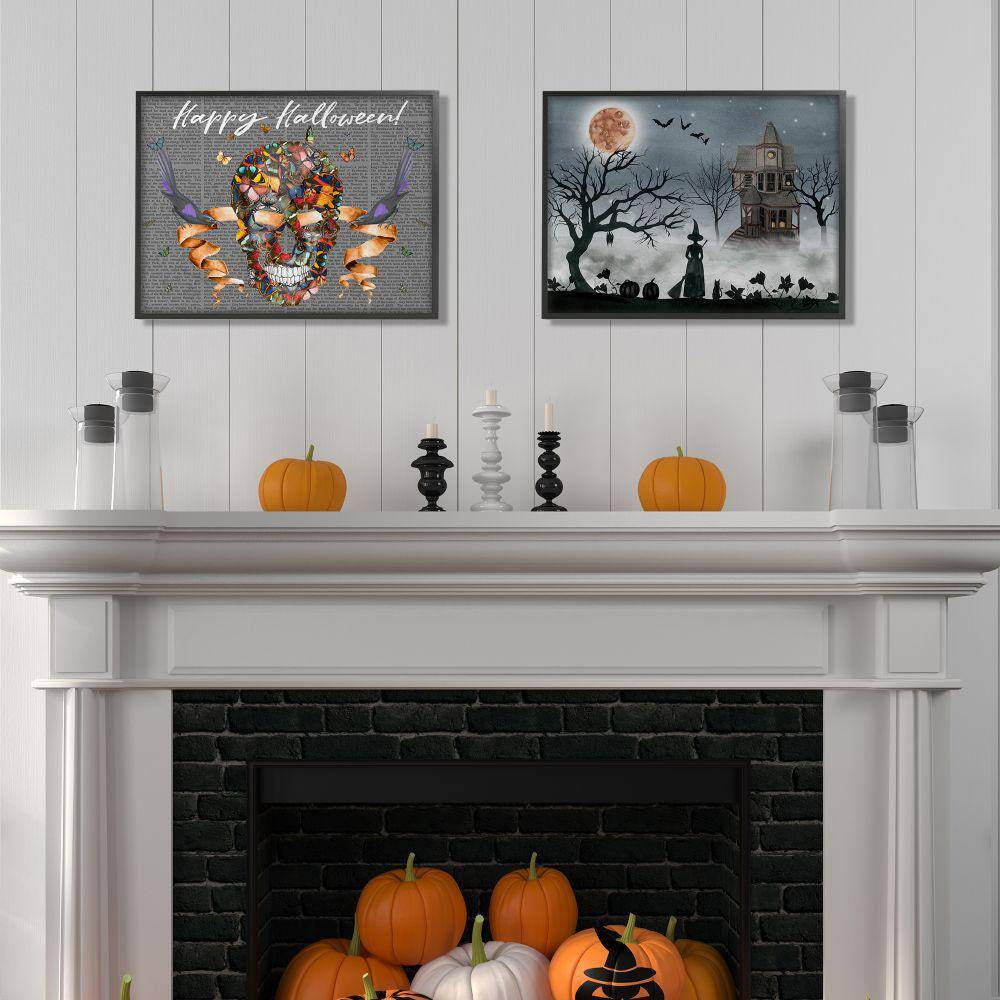 24 In. X 30 In."Halloween Witch Silhouette in Full Moon Haunted House Scene" by Artist Grace Popp Canvas Wall Art