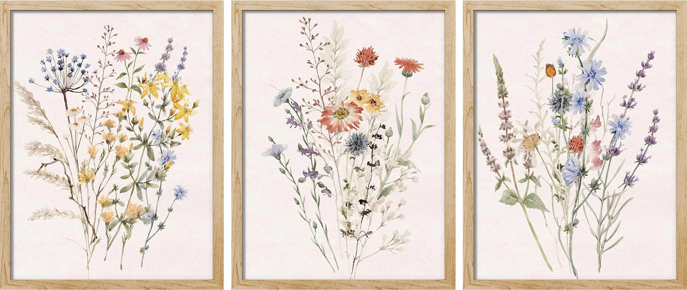 Framed Canvas Print Wall Art Set - Multicolor Wildflowers Poster Art - Set of 3 Watercolor Nature Wilderness Floral Botanical Vintage Wall Décor for Living Room - 12"X16" Natural