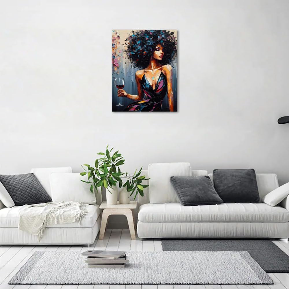 the Red Wine Girl Wall Art Black Girl Living Room Decor Black Art Paintings for Wall Black Women Unframed Canvas Wall Art Black Girl Magic Home Decor Modern Home Decoration