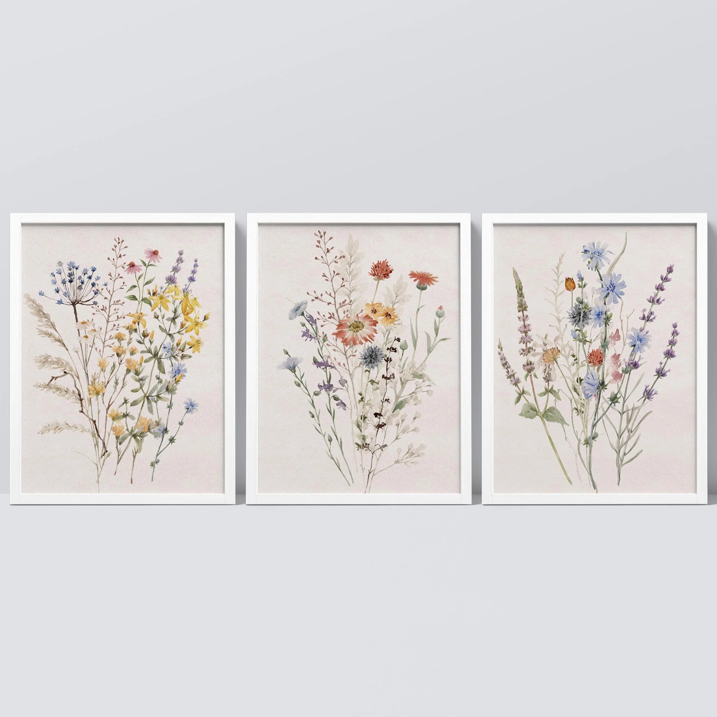 Framed Canvas Print Wall Art Set - Multicolor Wildflowers Poster Art - Set of 3 Watercolor Nature Wilderness Floral Botanical Vintage Wall Décor for Living Room - 8"X10" White