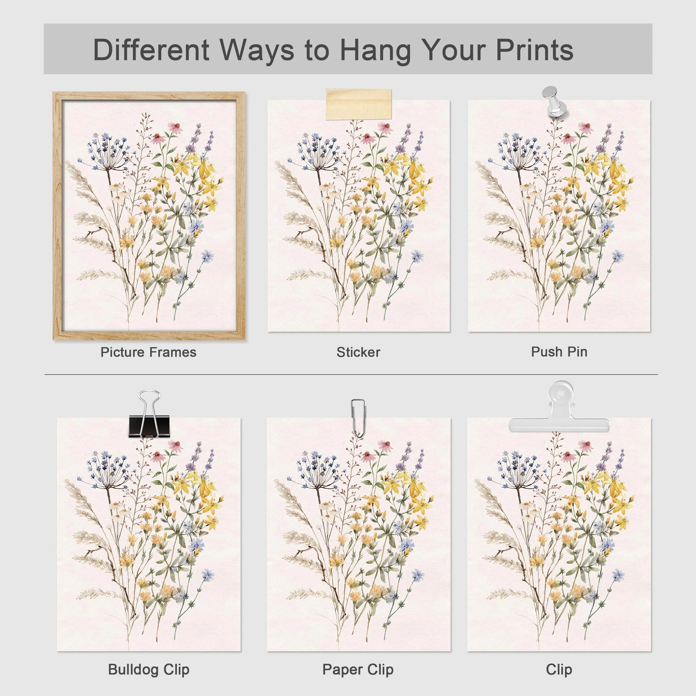 Adhesive Canvas Print Wall Art Set - Multicolor Wildflowers Poster Art - Set of 3 Watercolor Nature Wilderness Floral Botanical Vintage Wall Décor for Living Room - 12"X16"