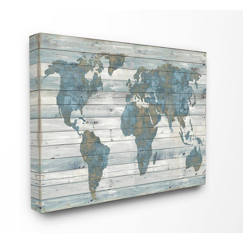 24 In. X 30 In. "Slate Blue and Tan Rustic Weathered World Map" by Artist Jamie Macdowell Canvas Wall Art