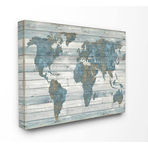 24 In. X 30 In. "Slate Blue and Tan Rustic Weathered World Map" by Artist Jamie Macdowell Canvas Wall Art