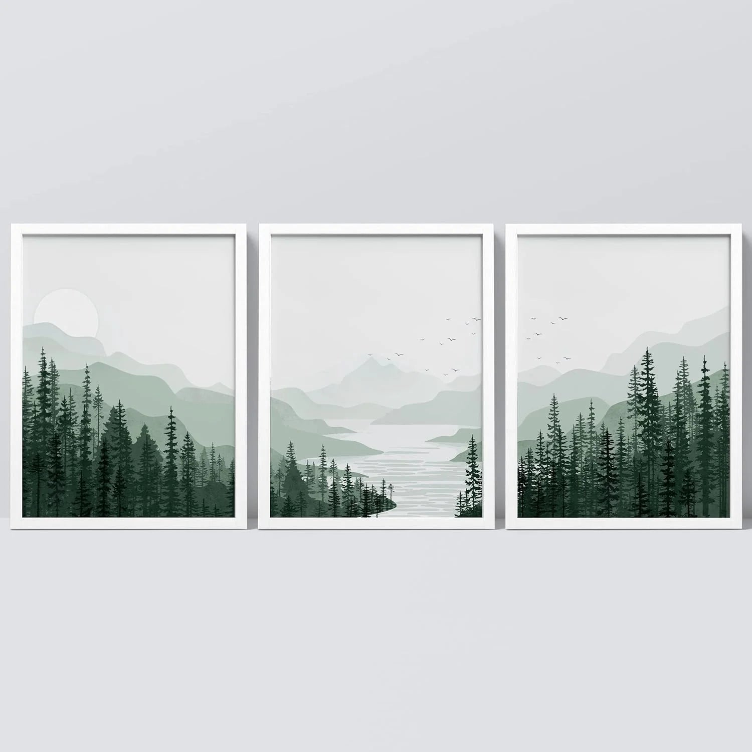 Framed Canvas Print Wall Art Set - Sage Green Mountain Range Pine Tree Forest Art - Set of 3 Nature Wilderness Landscape Wall Décor for Living Room, Bedroom - 12"X16"X3 Panels White