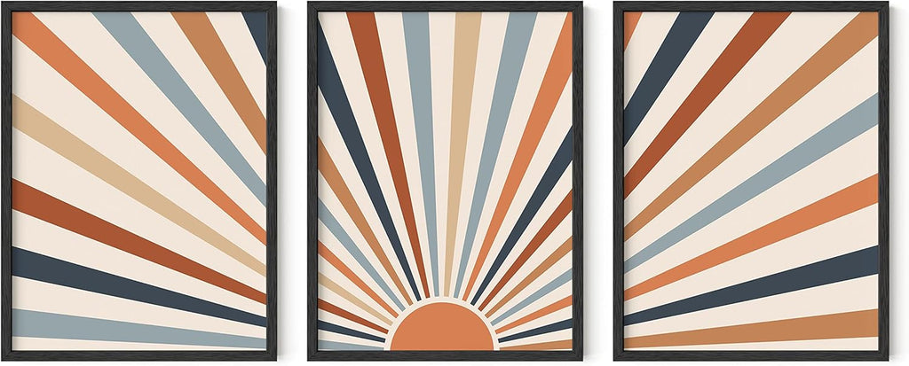 Frame Boho Wall Art - Sun Decor for Bedroom, Mid Century Modern Minimalist Art, Geometric Posters with Black Frame, 12X16