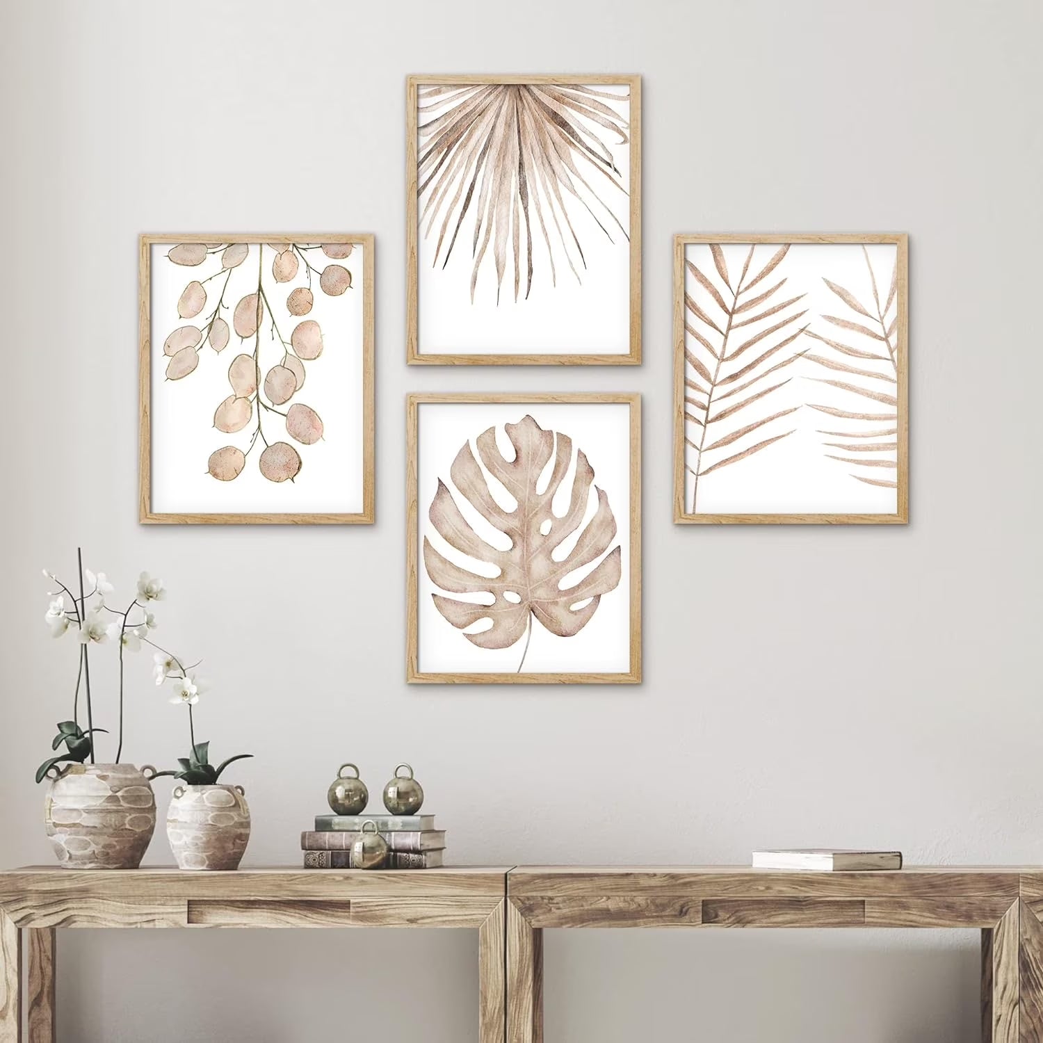 Adhesive Canvas Poster Pastel Autumn Brown Island Leaf Framed Wall Art Nature Wilderness Digital Modern Art Decorative Elements Multicolor Botanical Floral Prints Set - 12"X16" Natural