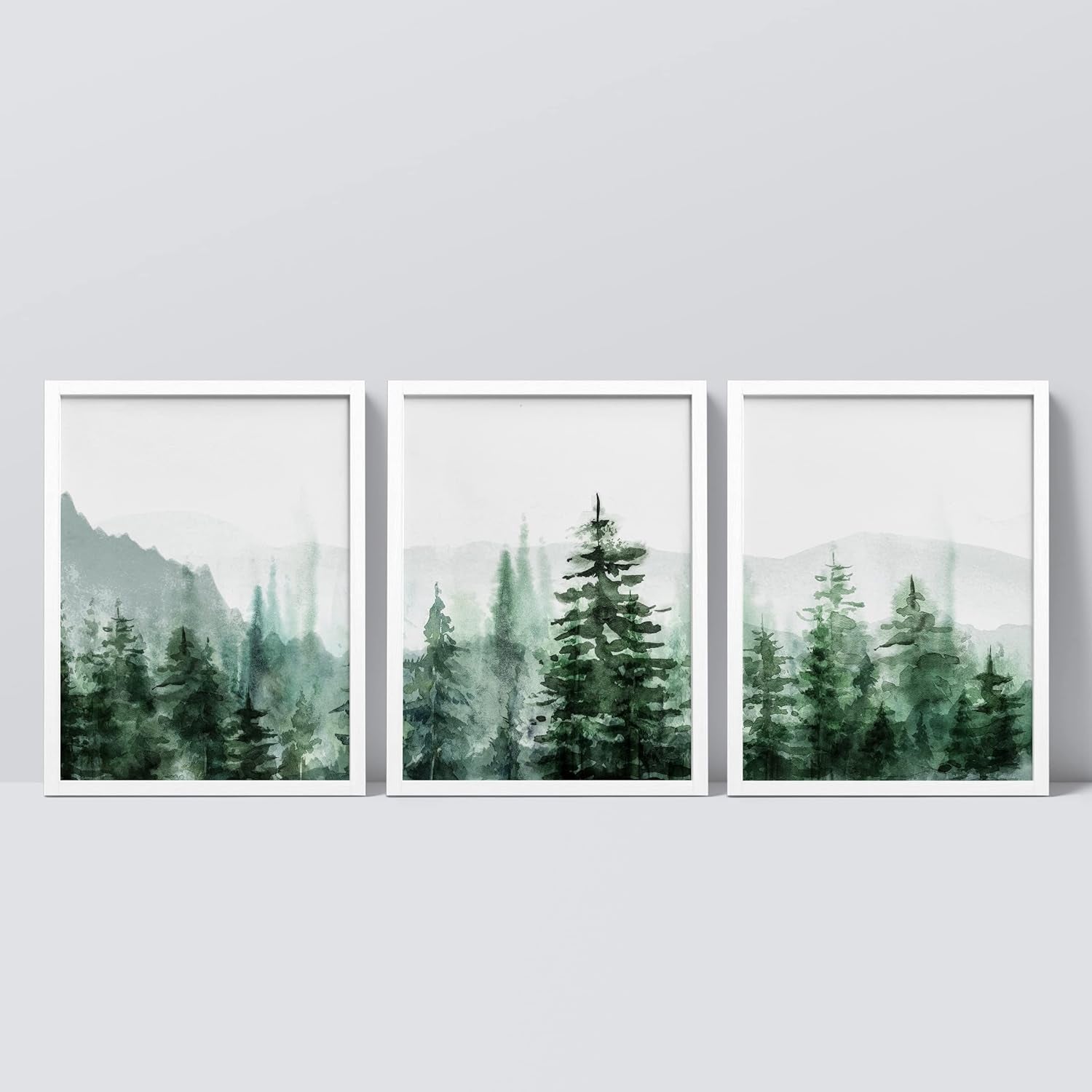 Framed Canvas Print Wall Art Set - Watercolor Pine Tree Mountain Range Forest Art - Set of 3 Nature Wilderness Landscape Wall Décor for Living Room, Bedroom - 12"X16"X3 Panels White
