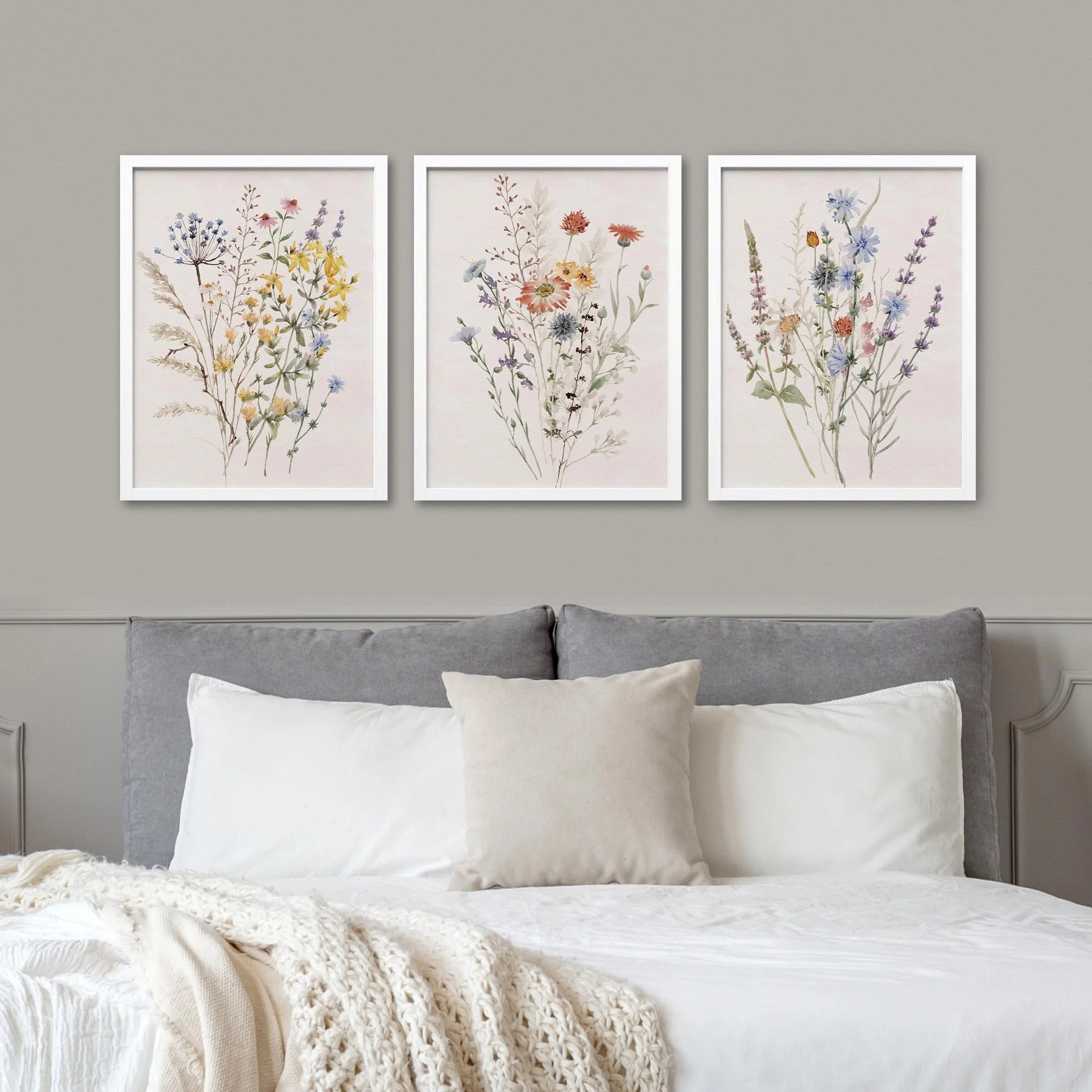 Framed Canvas Print Wall Art Set - Multicolor Wildflowers Poster Art - Set of 3 Watercolor Nature Wilderness Floral Botanical Vintage Wall Décor for Living Room - 12"X16" White