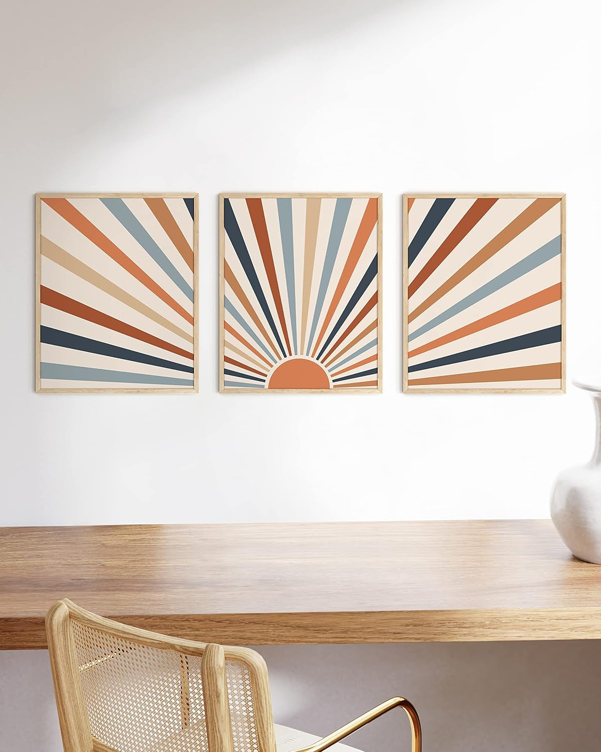 Frame Boho Wall Art - Sun Decor for Bedroom, Mid Century Modern Minimalist Art, Geometric Poster with Beige Frame, 16X20