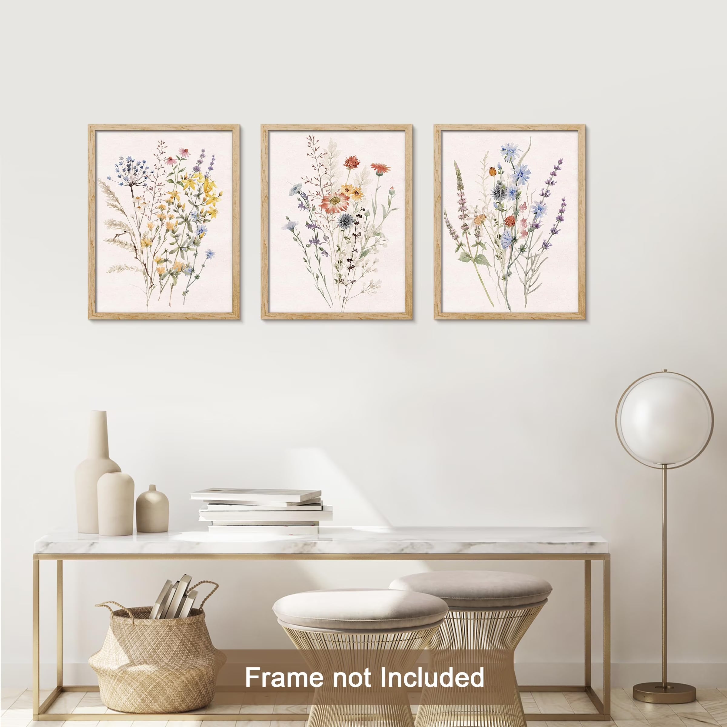 Adhesive Canvas Print Wall Art Set - Multicolor Wildflowers Poster Art - Set of 3 Watercolor Nature Wilderness Floral Botanical Vintage Wall Décor for Living Room - 12"X16"
