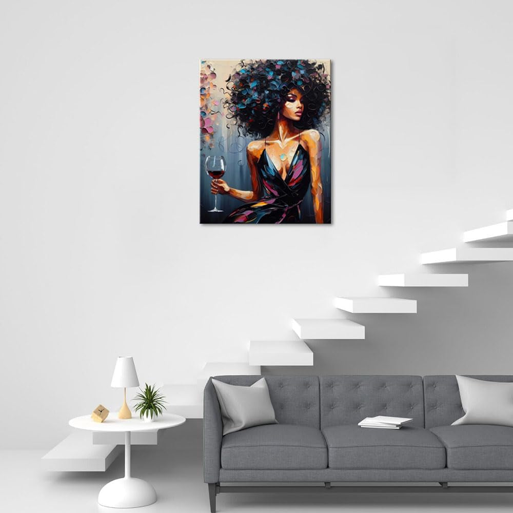 the Red Wine Girl Wall Art Black Girl Living Room Decor Black Art Paintings for Wall Black Women Unframed Canvas Wall Art Black Girl Magic Home Decor Modern Home Decoration