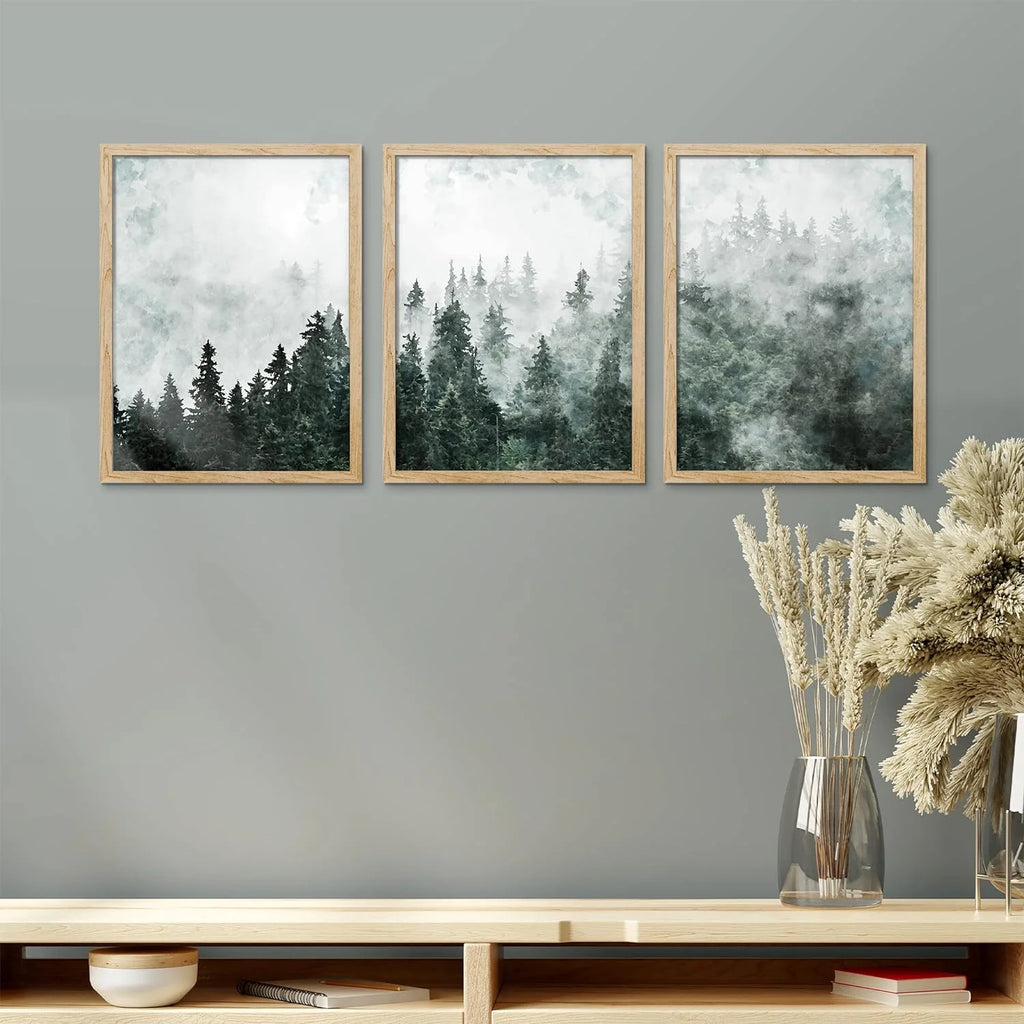 Framed Canvas Print Wall Art Set - Foggy Pine Tree Forest Misty Mountain Art - Set of 3 Nature Wilderness Landscape Artwork Illustrations Wall Décor - 12"X16"X3 Panels Natural