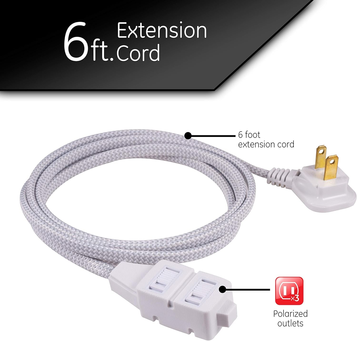 6 Ft Designer Braided Extension Cord, 3 Outlets Power Strip, 2 Prong Outlets, Flat Plug, Tangle-Free Power Cord, Perfect for Home, Office or Kitchen, UL Listed, Gray & White, 42383