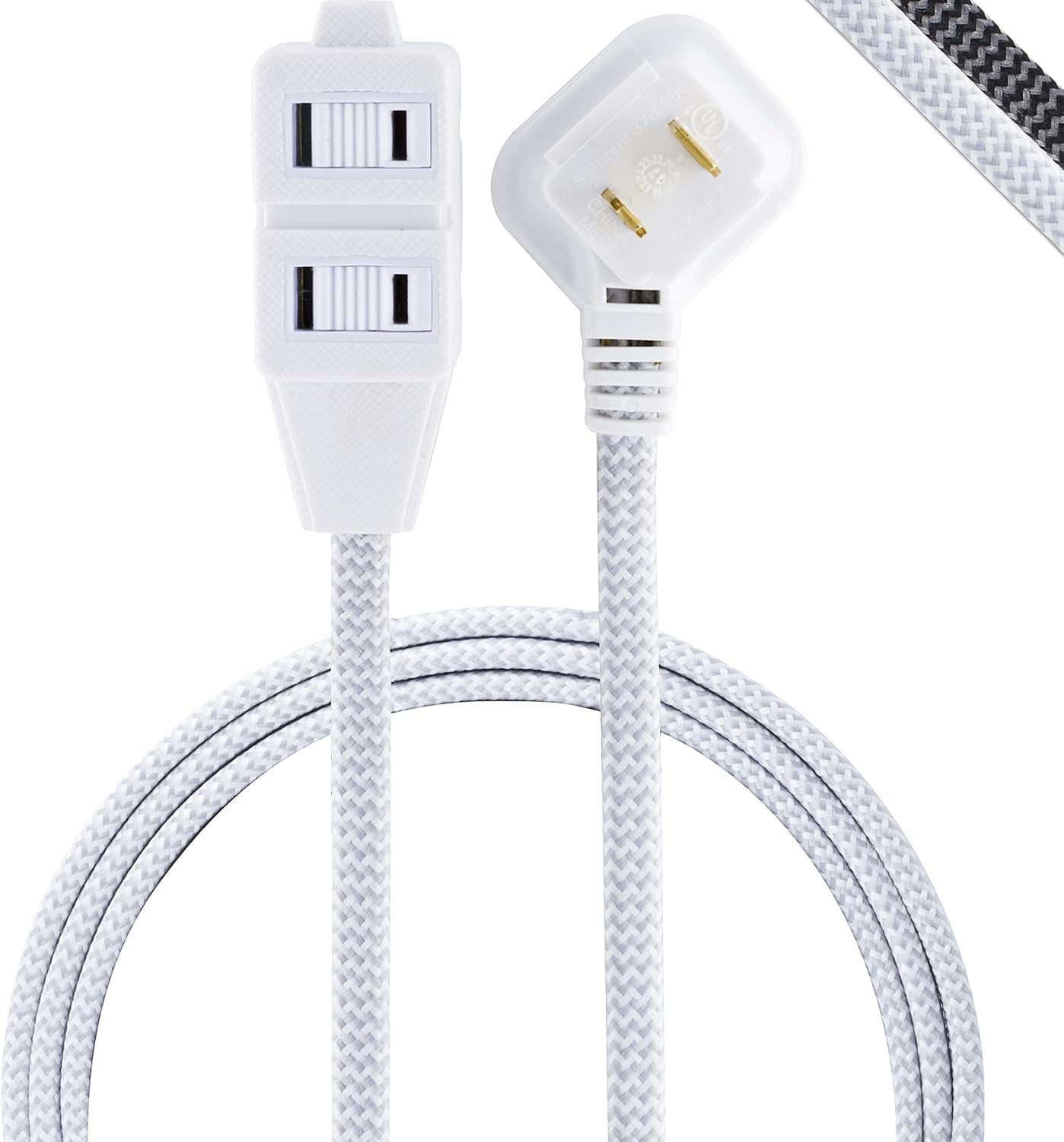 6 Ft Designer Braided Extension Cord, 3 Outlets Power Strip, 2 Prong Outlets, Flat Plug, Tangle-Free Power Cord, Perfect for Home, Office or Kitchen, UL Listed, Gray & White, 42383