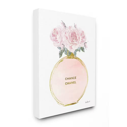 16 In. X 20 In. "Pink and Gold round Perfume Bottle with Roses" by Artist Amanda Greenwood Canvas Wall Art