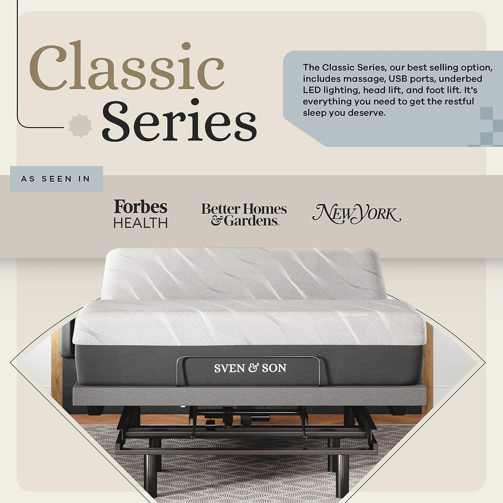 Classic Adjustable Bed Base, Head and Foot Lift, Massage, Under-Bed Lights, USB, Gel Memory, Zero Gravity Smart Frame - Queen + 10 Inch Memory Foam Matt (Firm)
