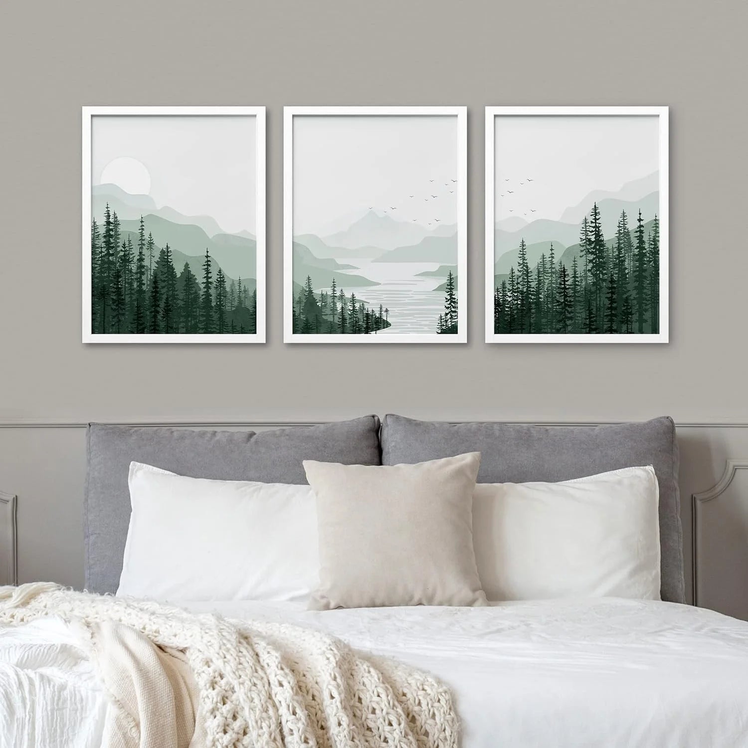Framed Canvas Print Wall Art Set - Sage Green Mountain Range Pine Tree Forest Art - Set of 3 Nature Wilderness Landscape Wall Décor for Living Room, Bedroom - 12"X16"X3 Panels White