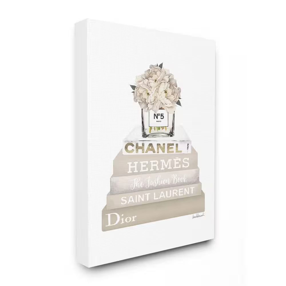 16 In. X 20 In. "High Fashion Bookstack with Tan Flowers" by Artist Amanda Greenwood Canvas Wall Art