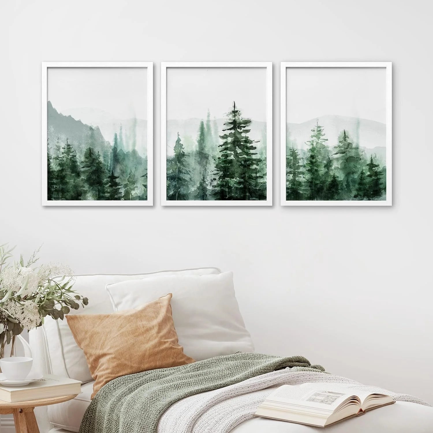 Framed Canvas Print Wall Art Set - Watercolor Pine Tree Mountain Range Forest Art - Set of 3 Nature Wilderness Landscape Wall Décor for Living Room, Bedroom - 12"X16"X3 Panels White