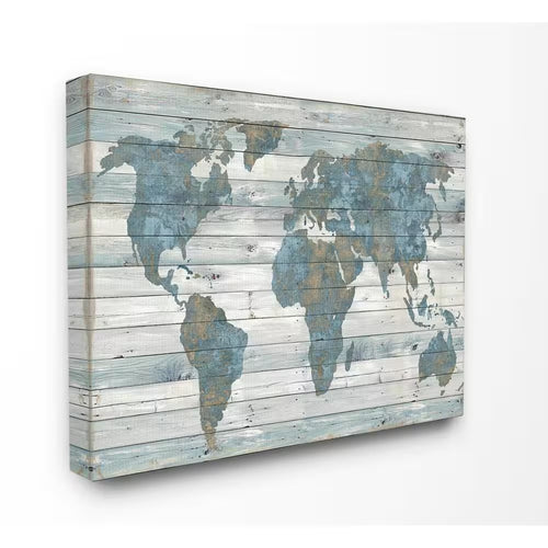 16 In. X 20 In. "Slate Blue and Tan Rustic Weathered World Map" by Artist Jamie Macdowell Canvas Wall Art