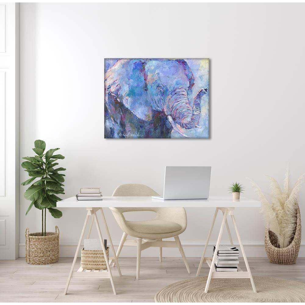 24 In. X 30 In."Brightly Colored Blue and Purple Painted Elephant Portrait" by Artist Richard Wallich Canvas Wall Art