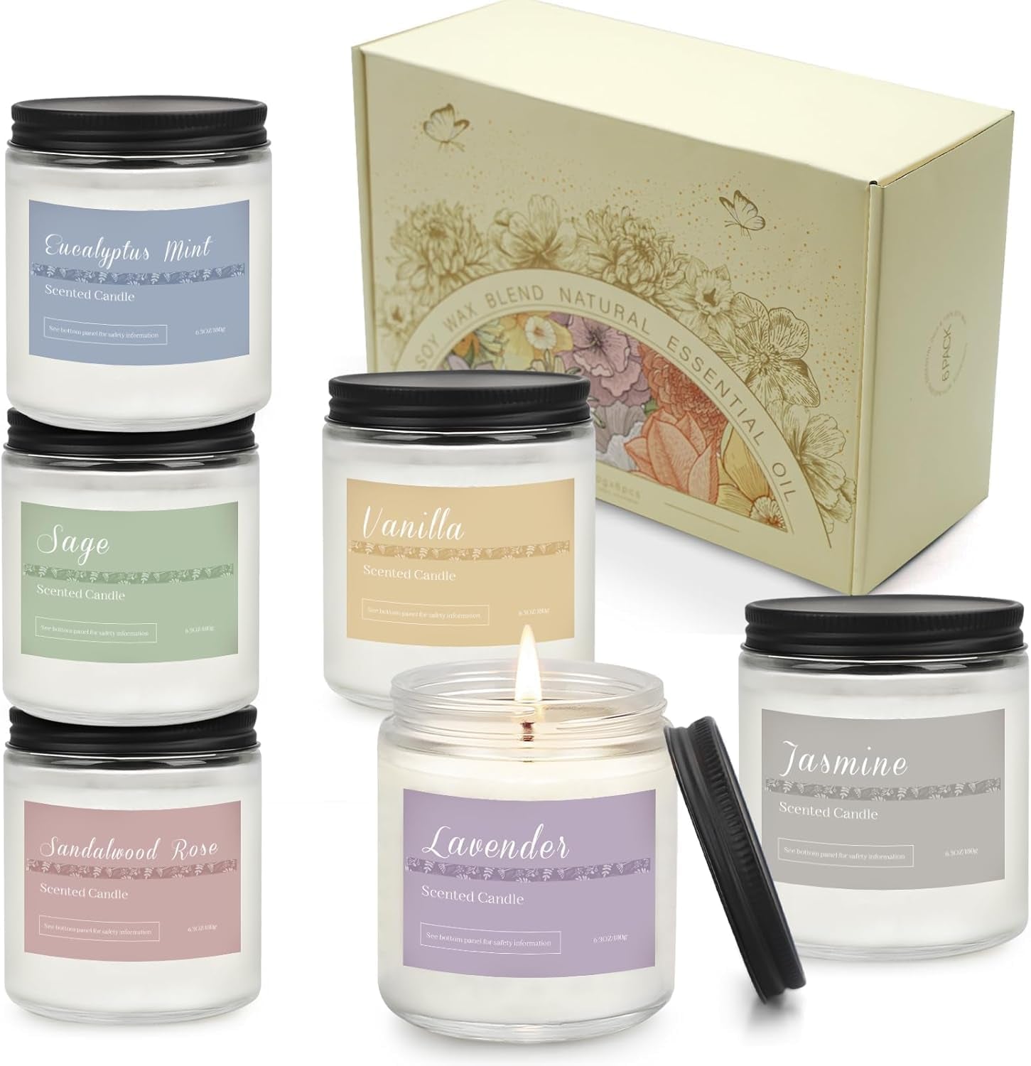 6 Pack Scented Candles Gift Set, Long Lasting Aromatherapy Candles for Home, 37.8 Oz 300 Hour Burn, Lavender Jasmine Vanilla Sage Sandalwood Rose Eucalyptus Mint, Gifts for Women