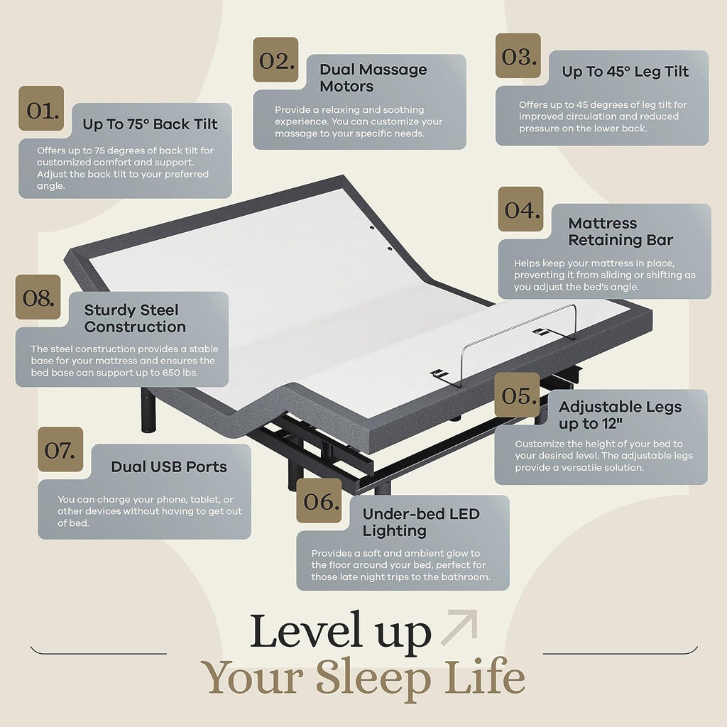 Classic Adjustable Bed Base, Head and Foot Lift, Massage, Under-Bed Lights, USB, Gel Memory, Zero Gravity Smart Frame - Queen + 10 Inch Memory Foam Matt (Firm)