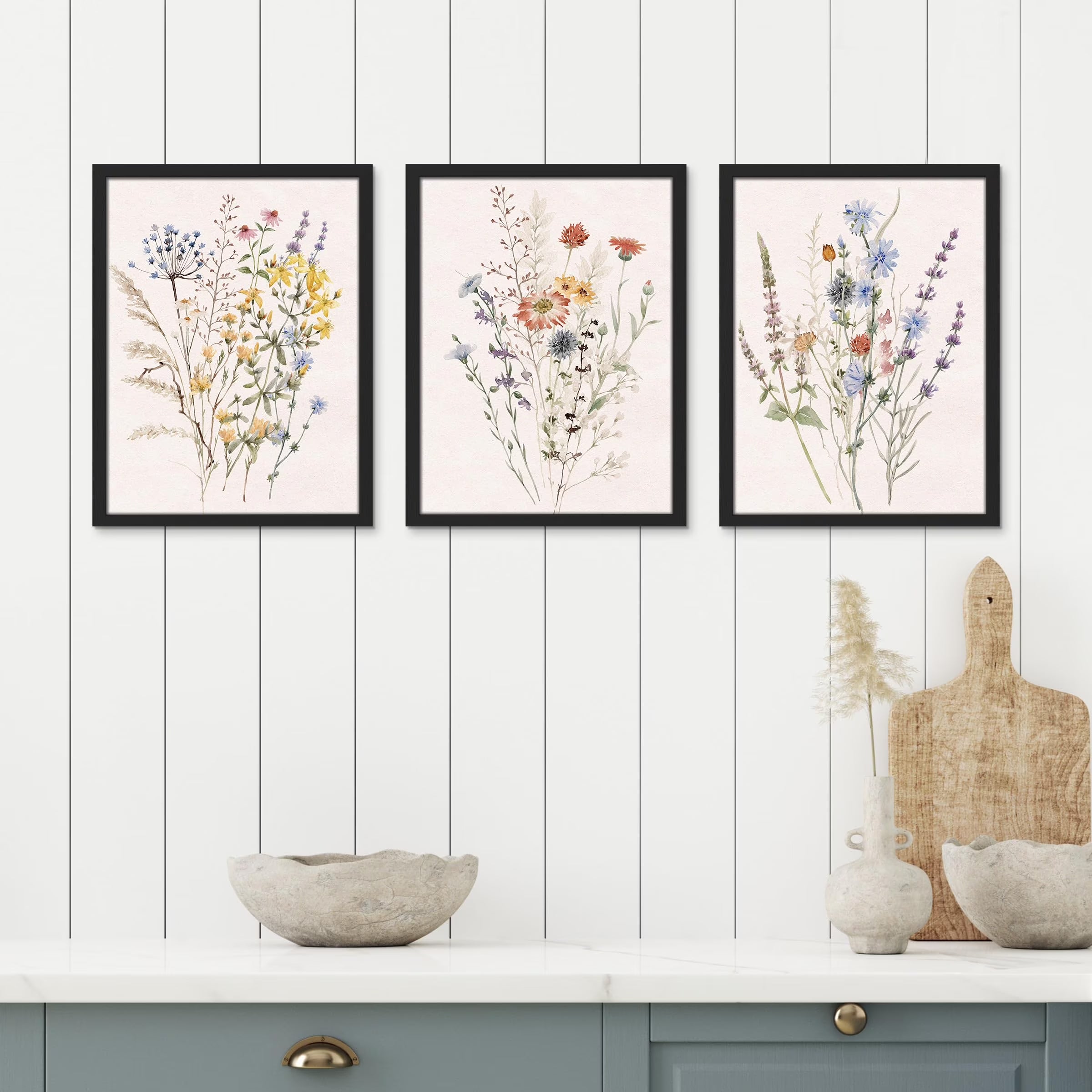 Framed Canvas Print Wall Art Set - Multicolor Wildflowers Poster Art - Set of 3 Watercolor Nature Wilderness Floral Botanical Vintage Wall Décor for Living Room - 11"X14" Black