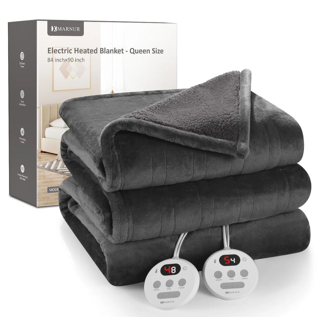 Heated Blanket Queen Size 84''X90'', Fast Heating with Dual Controllers Electric Blanket, 10 Heating Levels, 10H Timer, Preheat Function - Gray