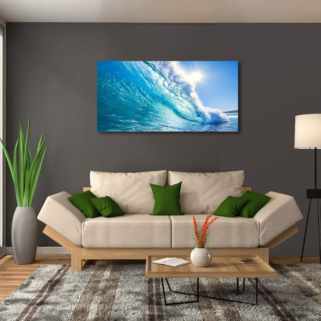 Blue Secape Canvas Prints Wall Art Blue Ocean Wave Surfing Sea Picture Paintings on Canvas Modern Canvas Art for Living Room Bedroom Office Wall Decorations Ready to Hang-24X48Inches