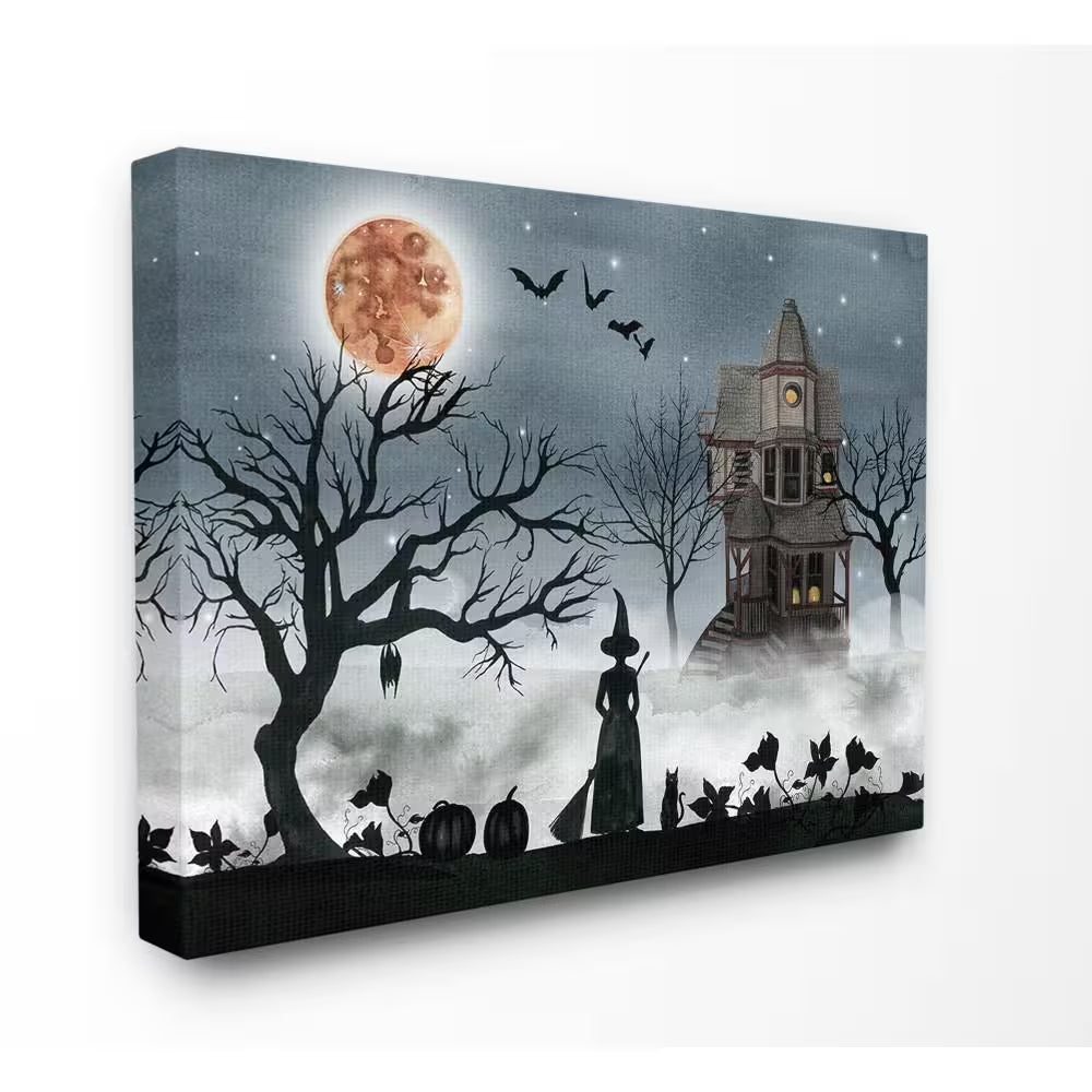 24 In. X 30 In."Halloween Witch Silhouette in Full Moon Haunted House Scene" by Artist Grace Popp Canvas Wall Art