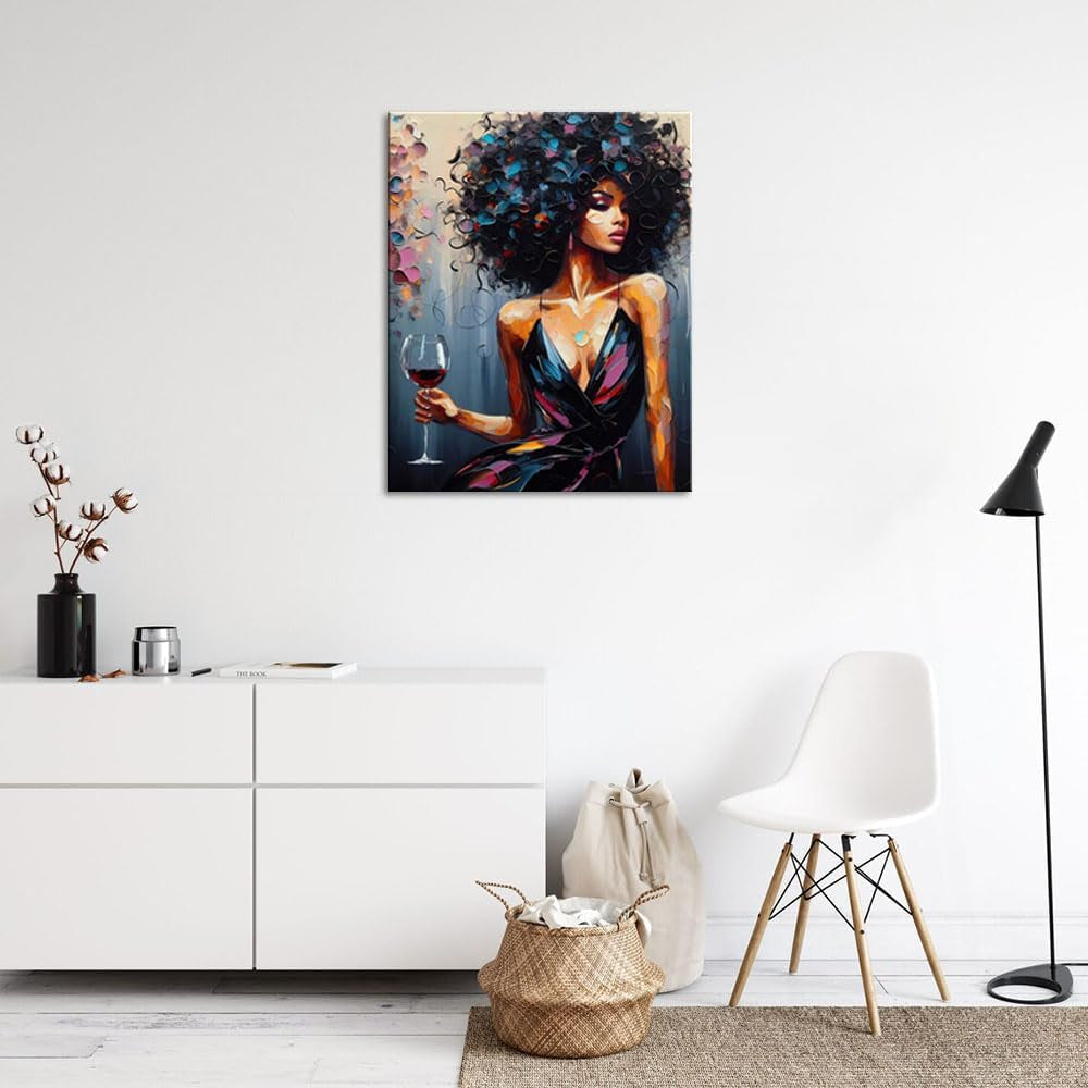 the Red Wine Girl Wall Art Black Girl Living Room Decor Black Art Paintings for Wall Black Women Unframed Canvas Wall Art Black Girl Magic Home Decor Modern Home Decoration