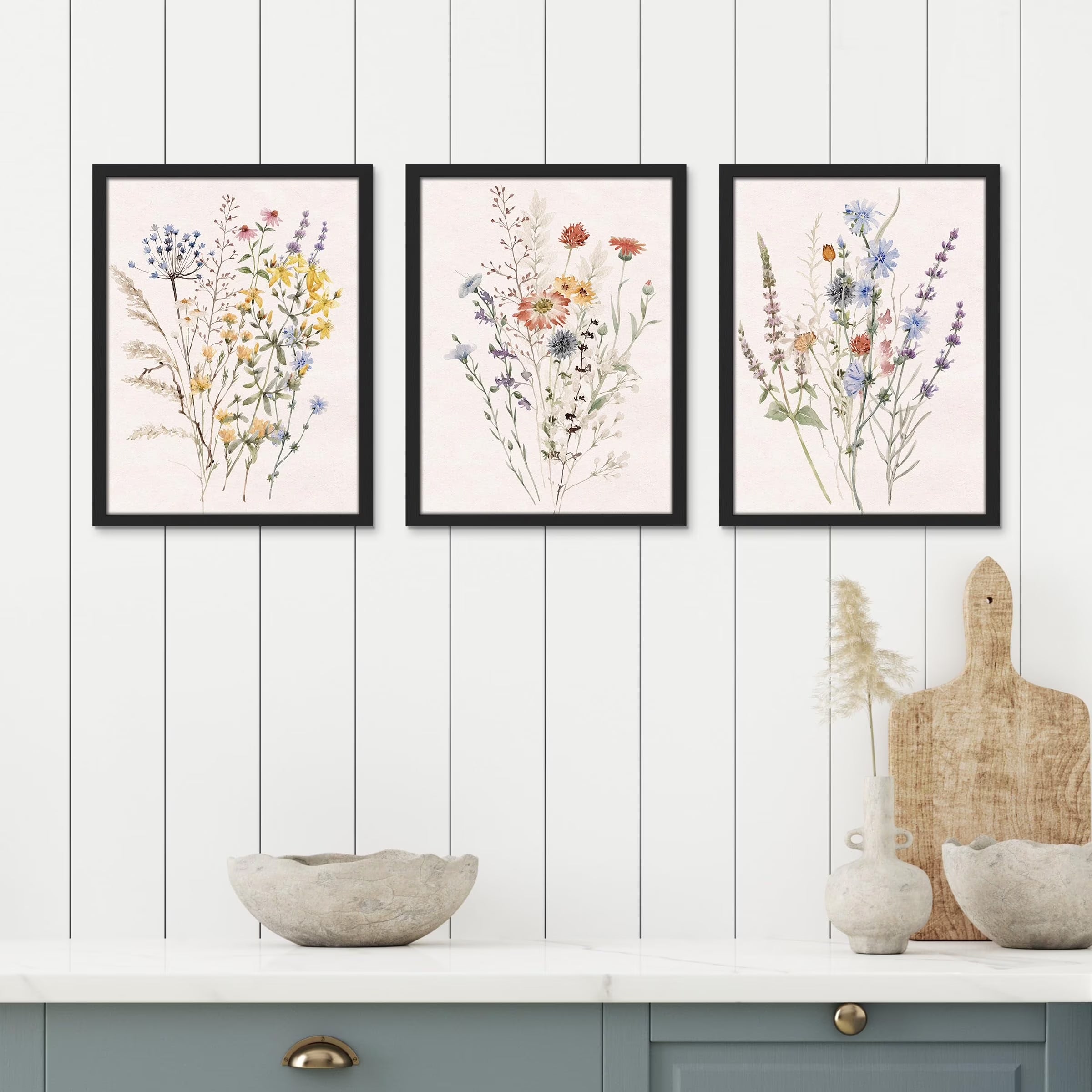 Framed Canvas Print Wall Art Set - Multicolor Wildflowers Poster Art - Set of 3 Watercolor Nature Wilderness Floral Botanical Vintage Wall Décor for Living Room - 8"X10" Black