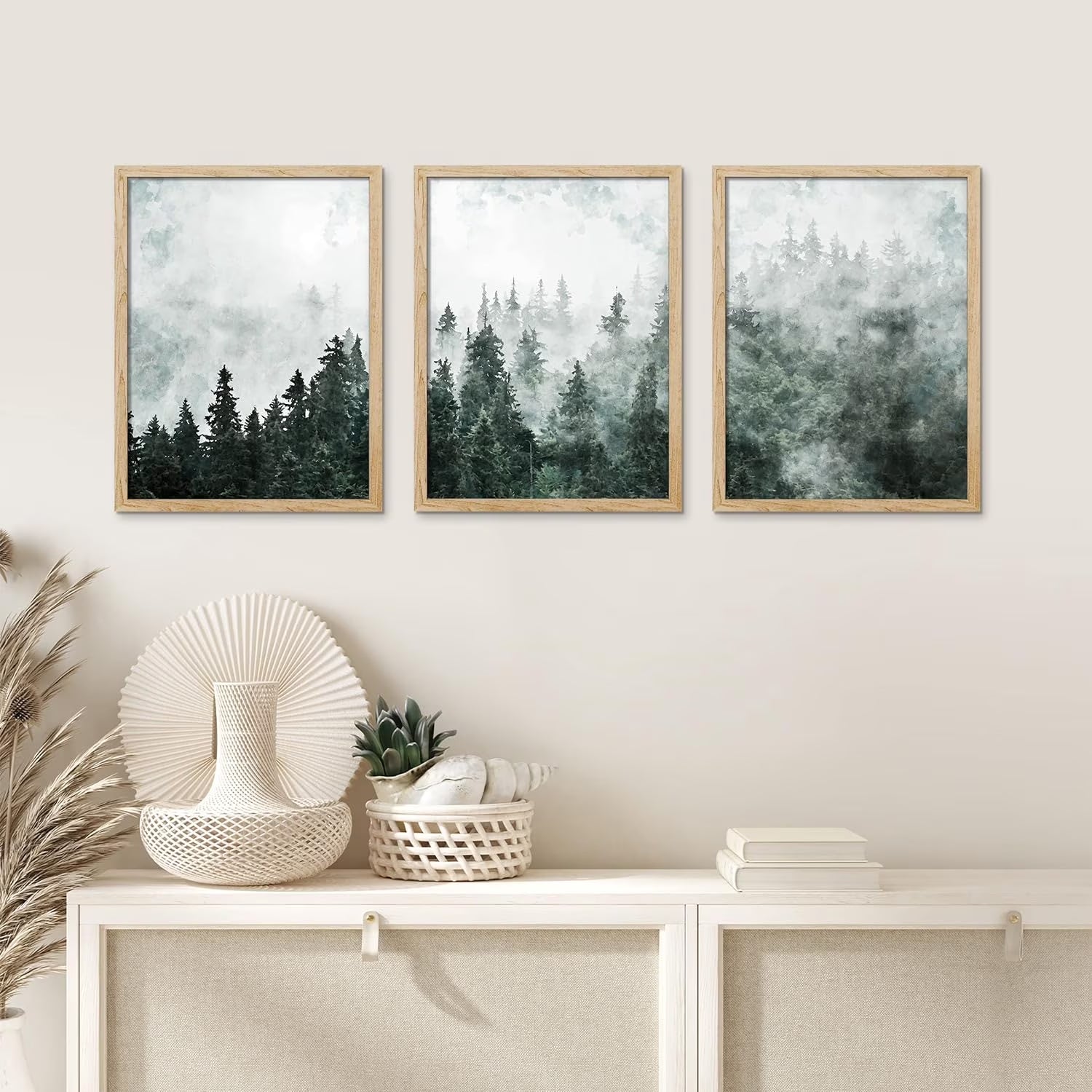 Framed Canvas Print Wall Art Set - Foggy Pine Tree Forest Misty Mountain Art - Set of 3 Nature Wilderness Landscape Artwork Illustrations Wall Décor - 12"X16"X3 Panels Natural
