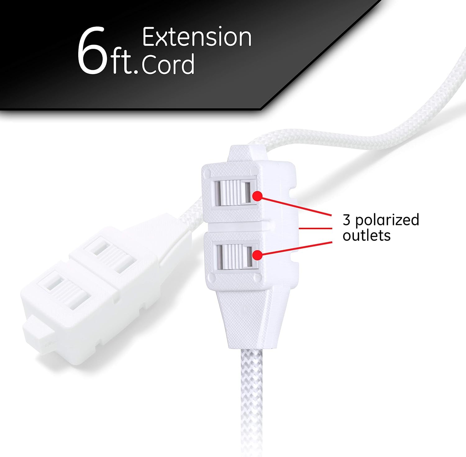 6 Ft Designer Braided Extension Cord, 3 Outlets Power Strip, 2 Prong Outlets, Flat Plug, Tangle-Free Power Cord, Perfect for Home, Office or Kitchen, UL Listed, Gray & White, 42383
