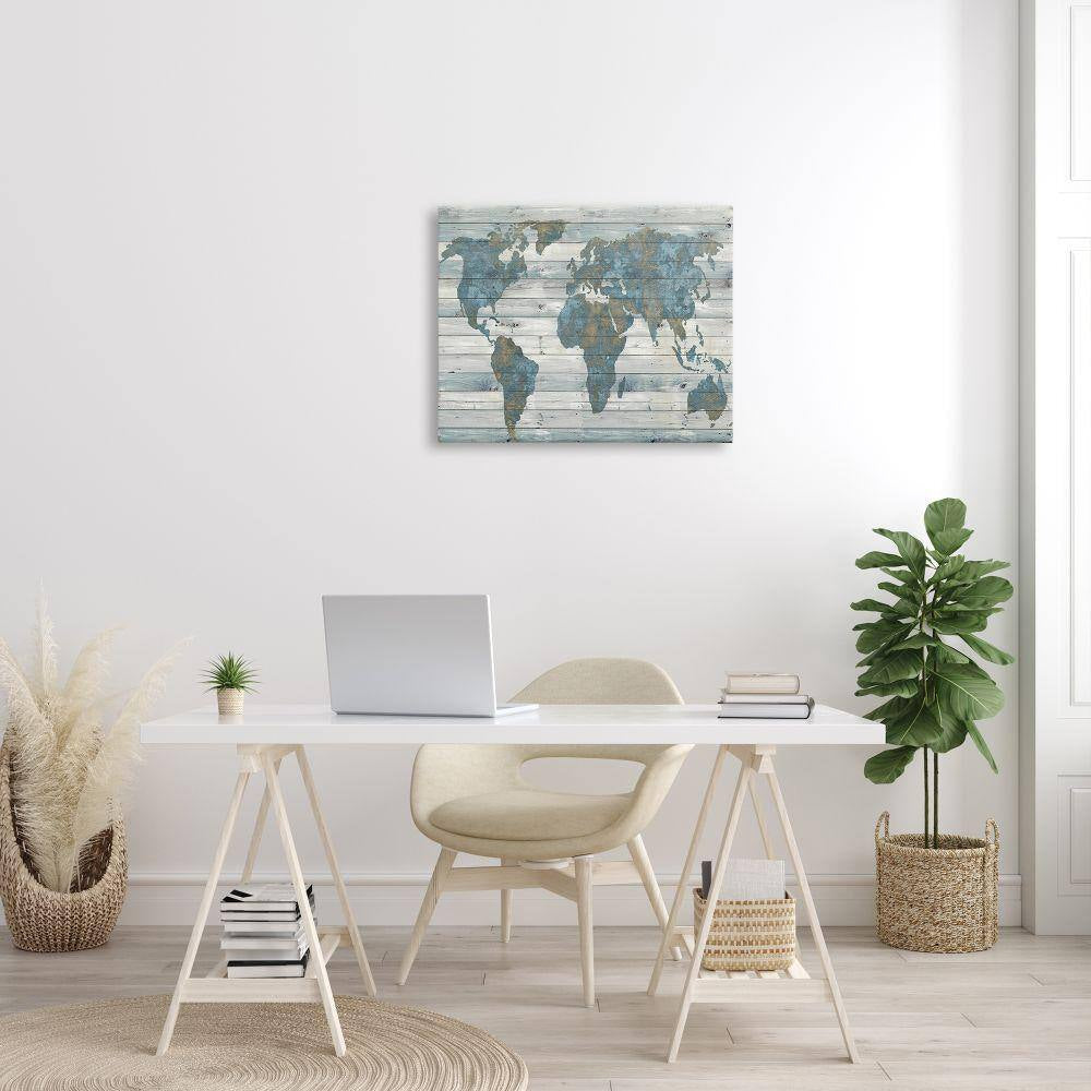 24 In. X 30 In. "Slate Blue and Tan Rustic Weathered World Map" by Artist Jamie Macdowell Canvas Wall Art