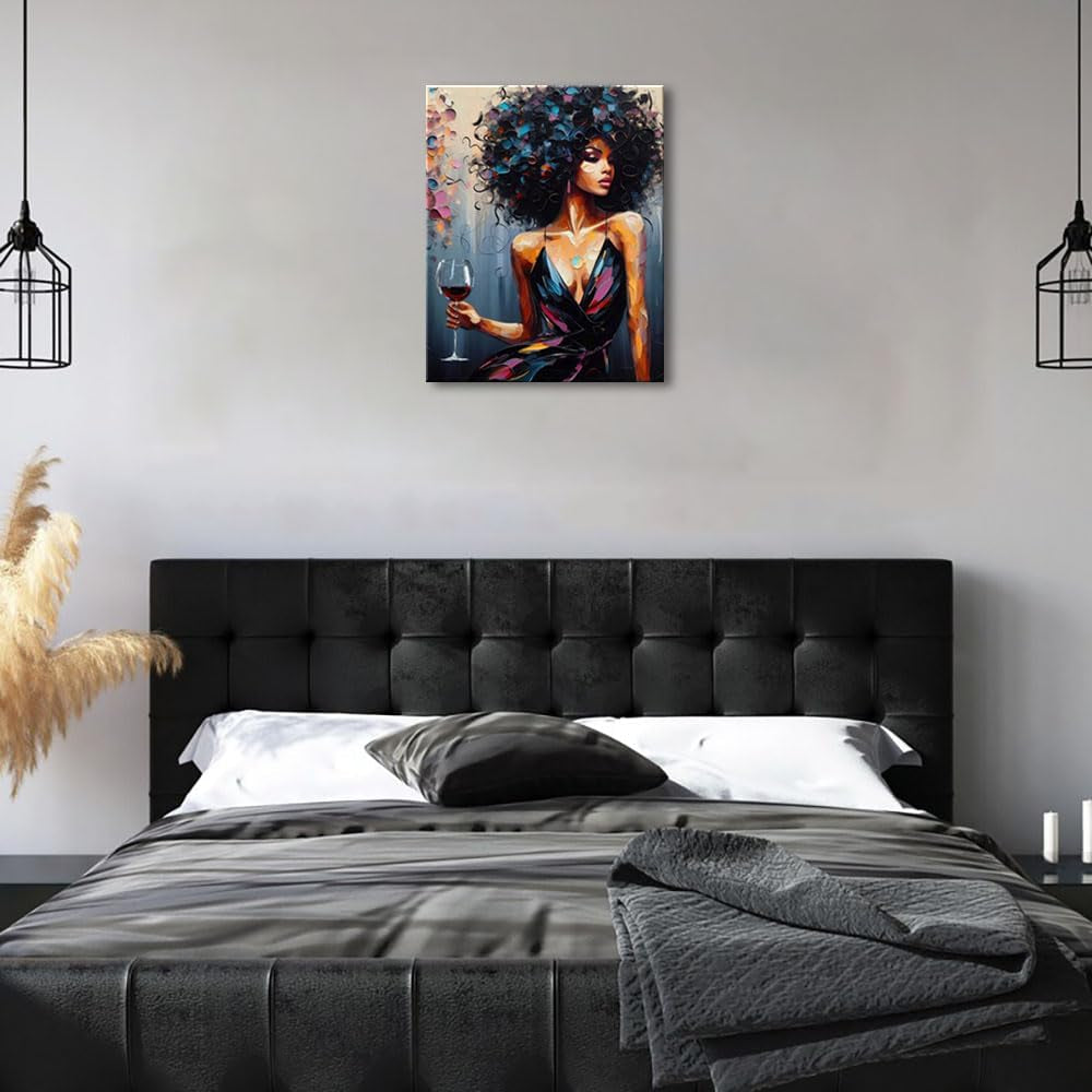 the Red Wine Girl Wall Art Black Girl Living Room Decor Black Art Paintings for Wall Black Women Unframed Canvas Wall Art Black Girl Magic Home Decor Modern Home Decoration