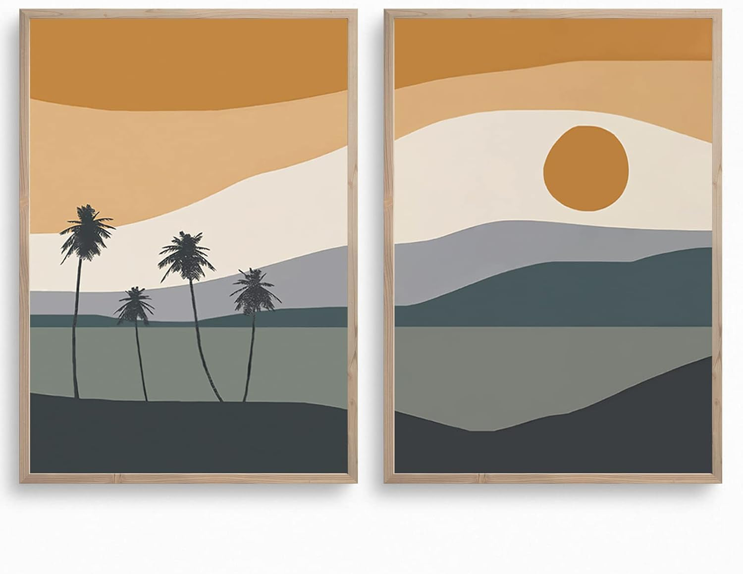 BACKYMRART Boho Canvas Art Mid Century Modern Wall Terracotta Sun Decor Abstract Mountains and Ocean 16X24Inchx2 Unframed, JG23
