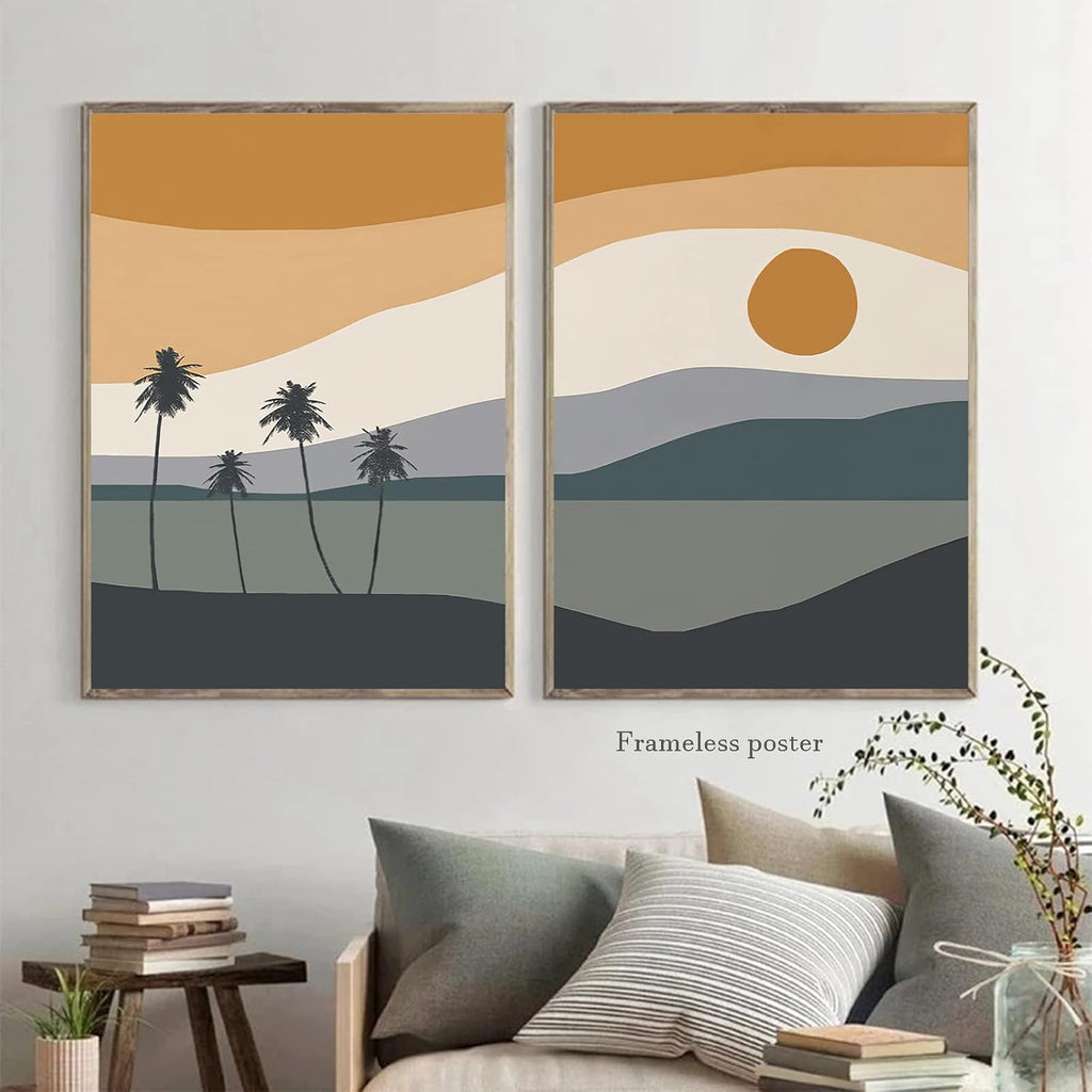 BACKYMRART Boho Canvas Art Mid Century Modern Wall Terracotta Sun Decor Abstract Mountains and Ocean 16X24Inchx2 Unframed, JG23