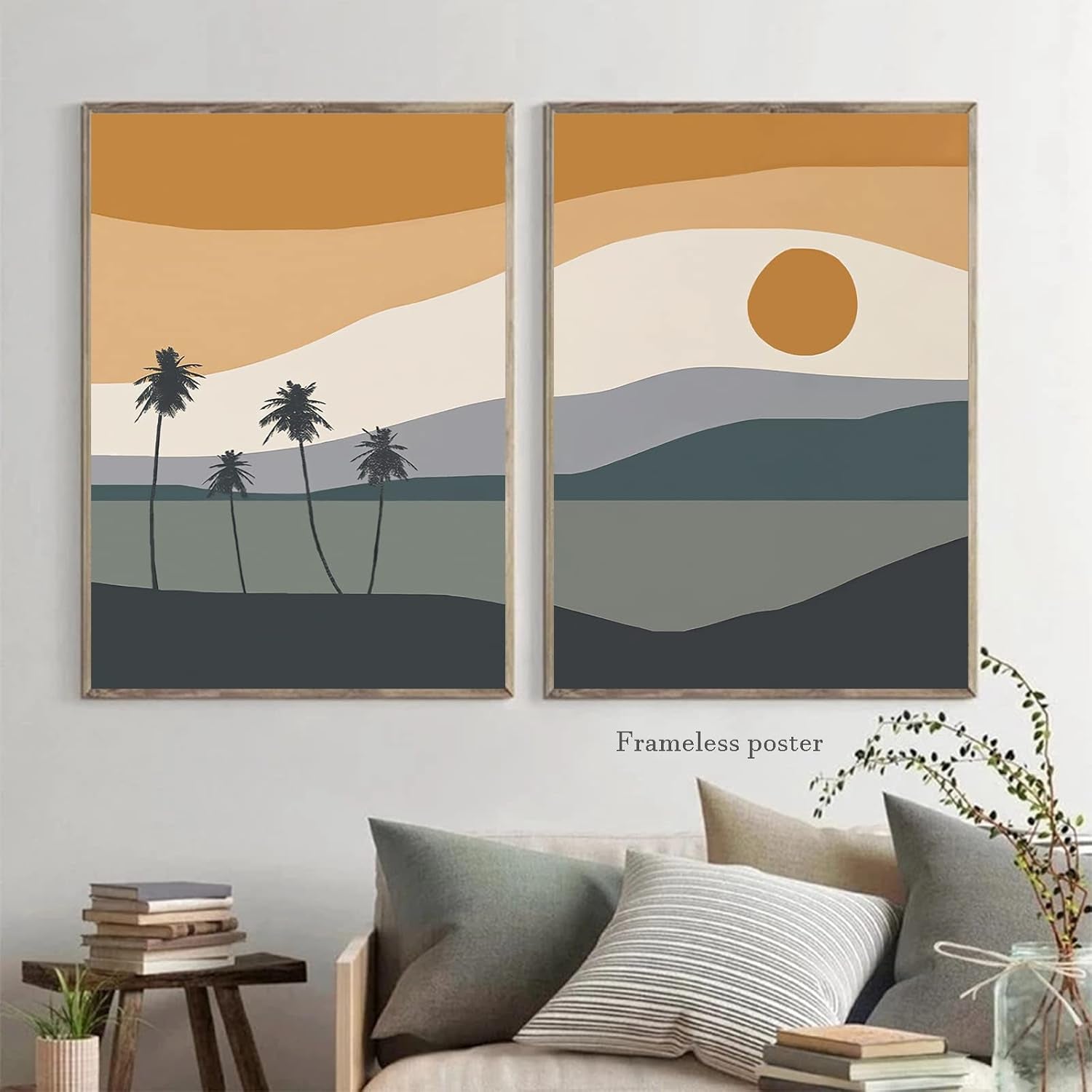 BACKYMRART Boho Canvas Art Mid Century Modern Wall Terracotta Sun Decor Abstract Mountains and Ocean 16X24Inchx2 Unframed, JG23